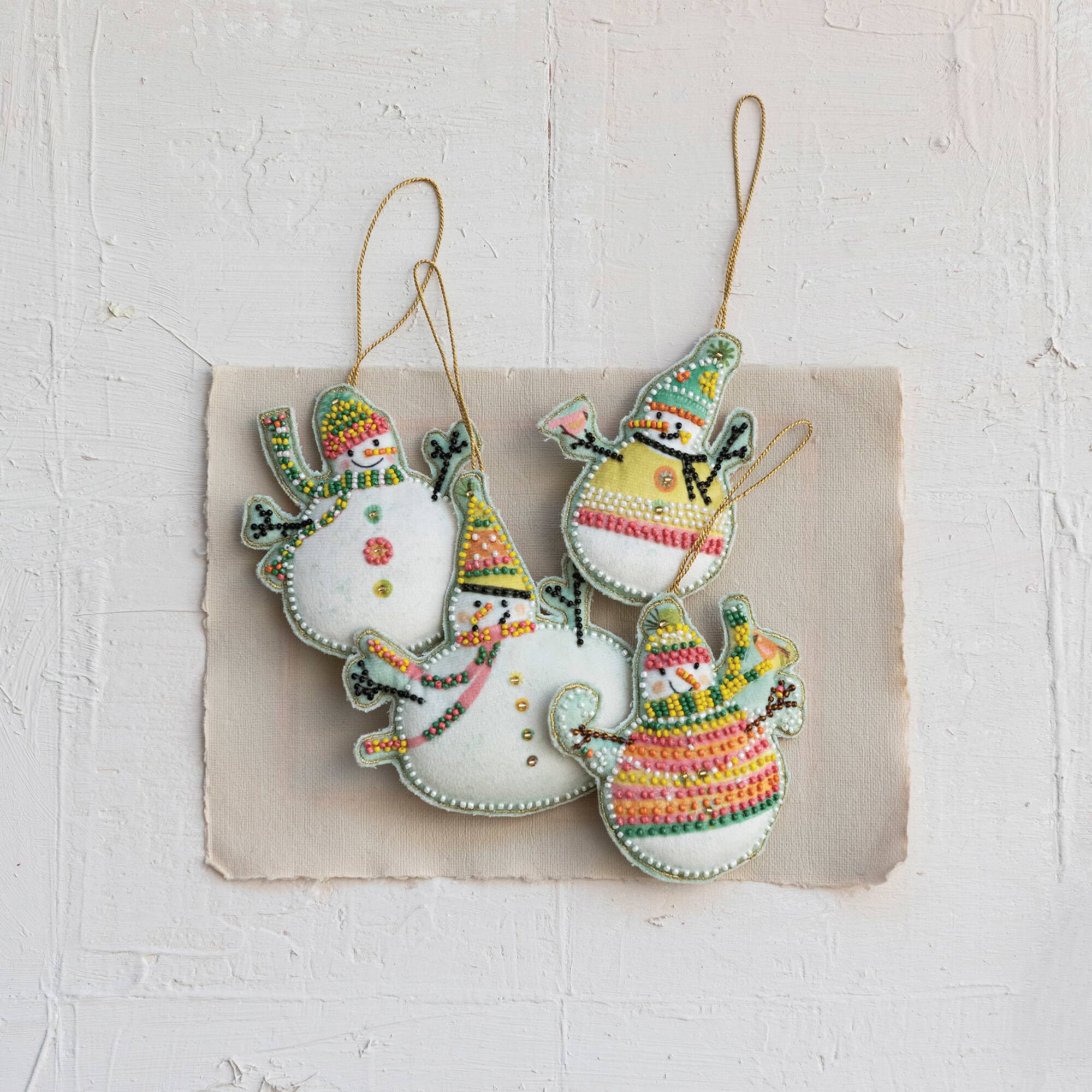 Hello Honey® 4 Pack Glass Bead Embroidered Snowman Cotton Velvet Ornaments
